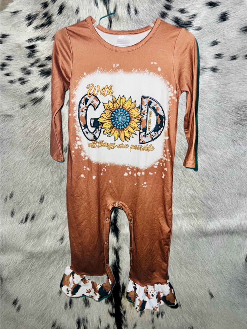 Rust Sunflower Graphic Kids One-Piece Cow Print Romper 2T